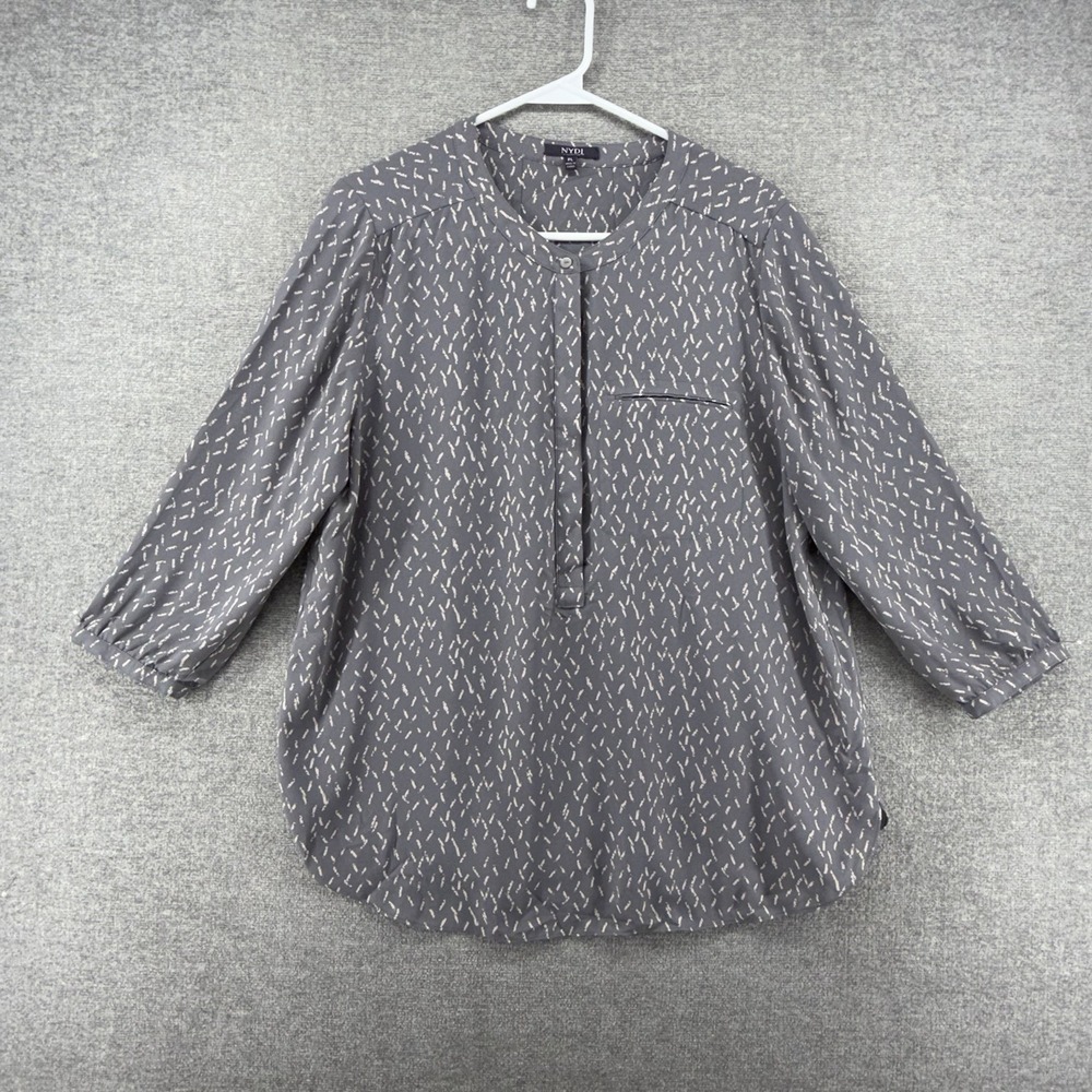 NYDJ 3/4 Sleeve Top Blouse Women Size Large Petite Gray Abstract Casual